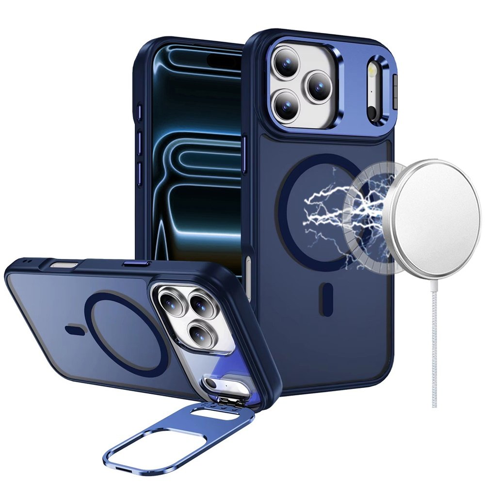 for iphone 17 pro fearless tough hq metallic hybrid with camera ring stand [magnetic circle] case navy blue