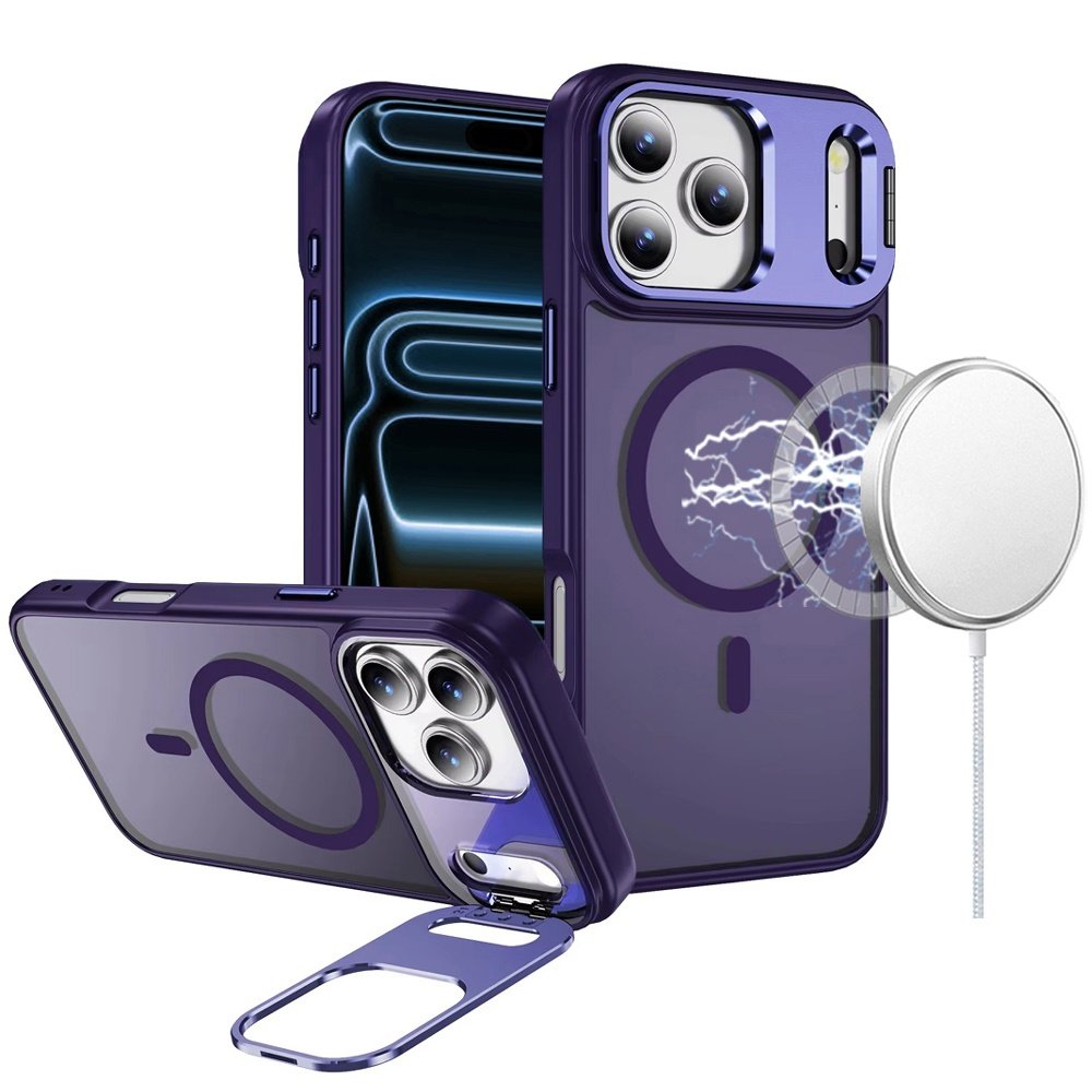 for iphone 17 pro max fearless tough hq metallic hybrid with camera ring stand [magnetic circle] case dark purple