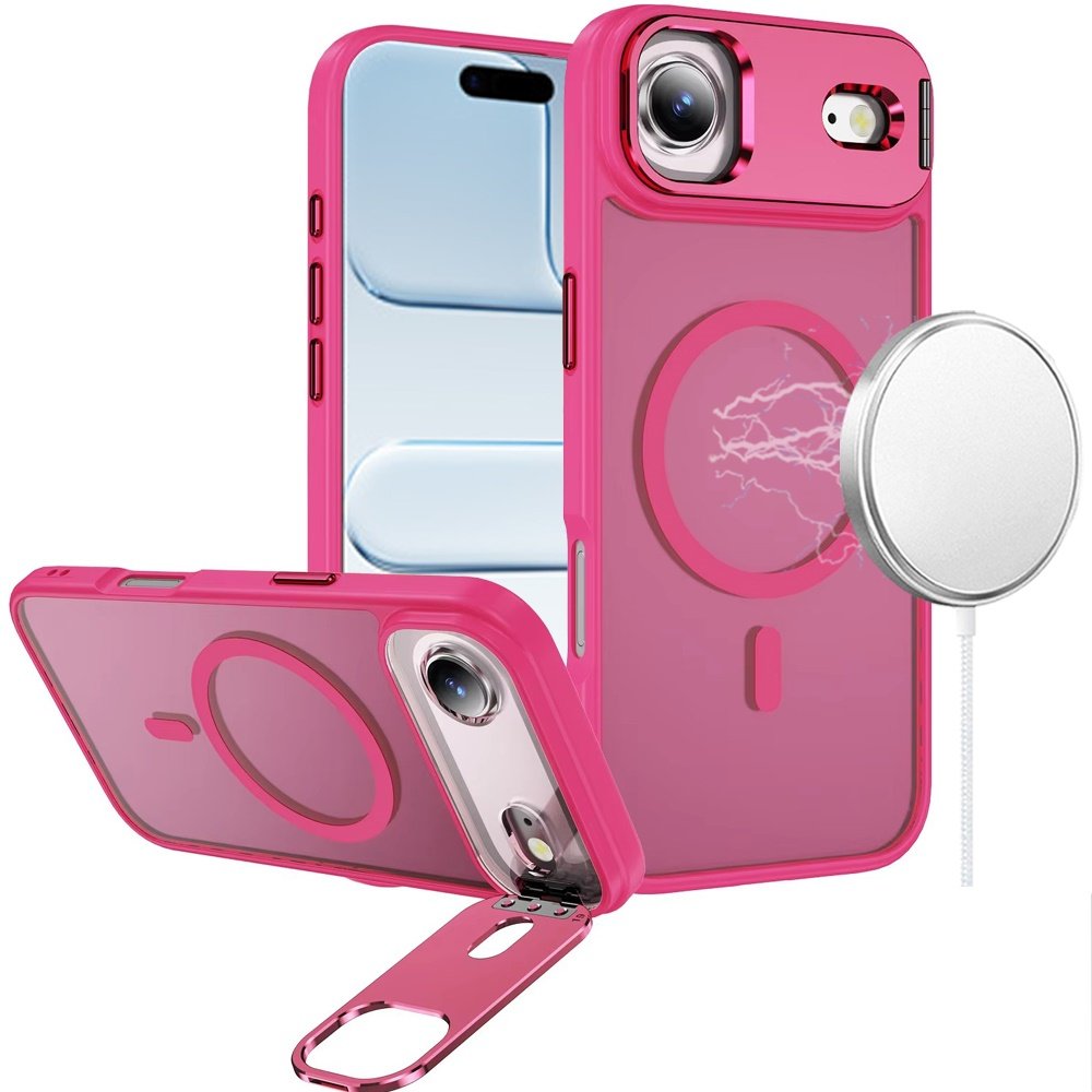 for iphone 17 air fearless tough hq metallic hybrid with camera ring stand [magnetic circle] case hot pink