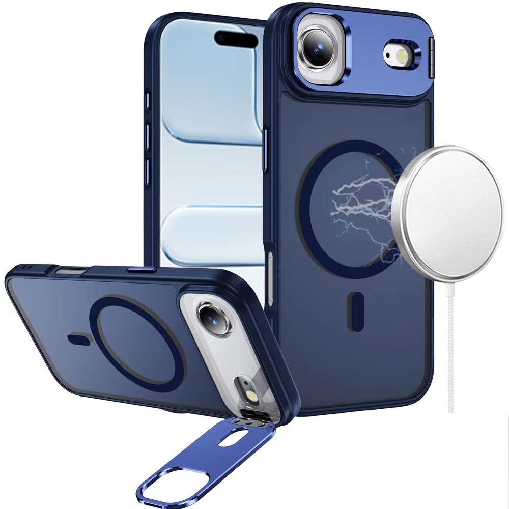 for iphone 17 air fearless tough hq metallic hybrid with camera ring stand [magnetic circle] case navy blue