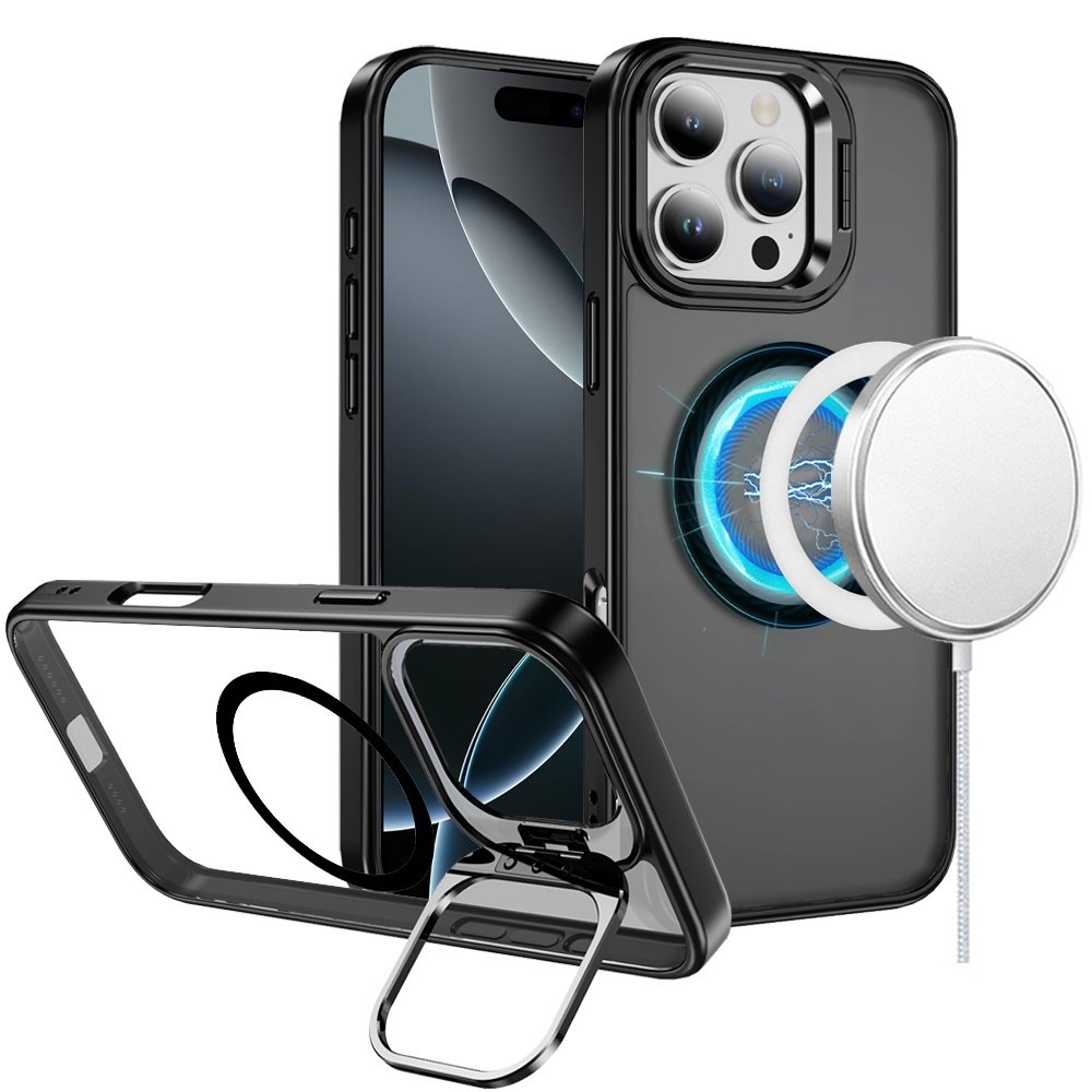 for iphone 16 pro max 6.9 inch fearless tough hq metallic hybrid with camera ring stand [magnetic circle] case black