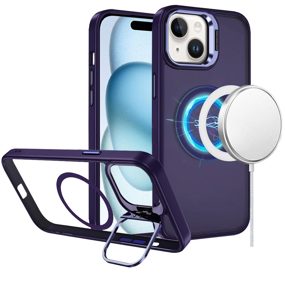 for iphone 15 fearless tough hq metallic hybrid with camera ring stand [magnetic circle] case dark purple