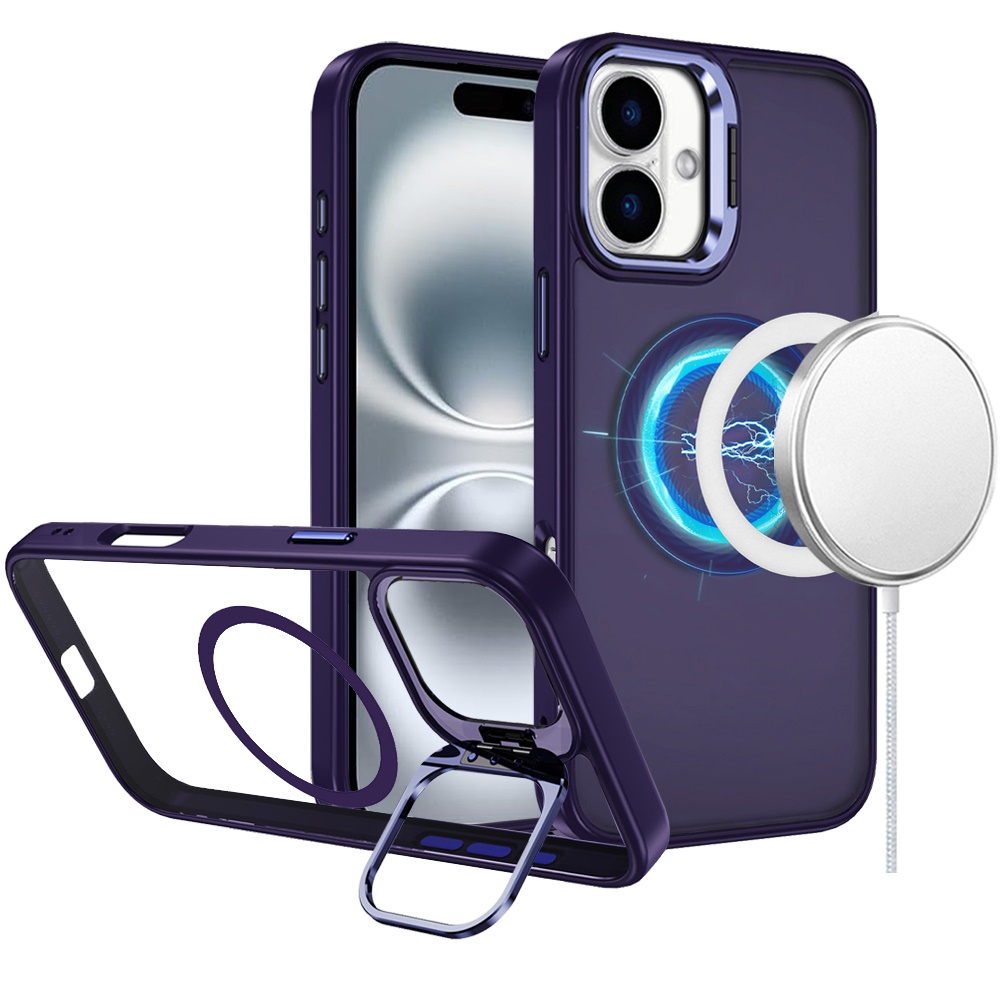 for iphone 16 6.1 inch fearless tough hq metallic hybrid with camera ring stand [magnetic circle] case dark purple