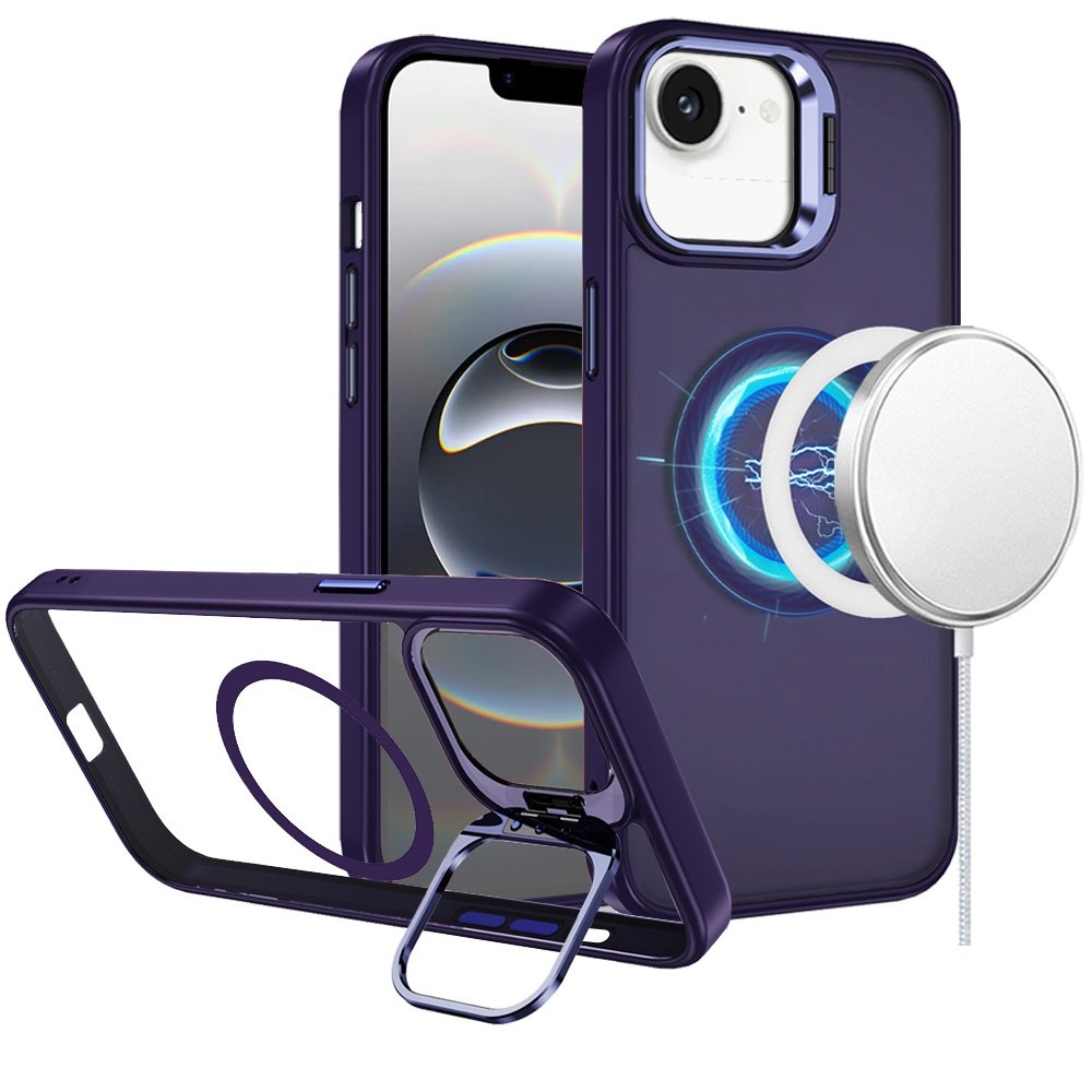 for iphone 17e / 16e / se4 fearless tough hq metallic hybrid with camera ring stand [magnetic circle] case dark purple