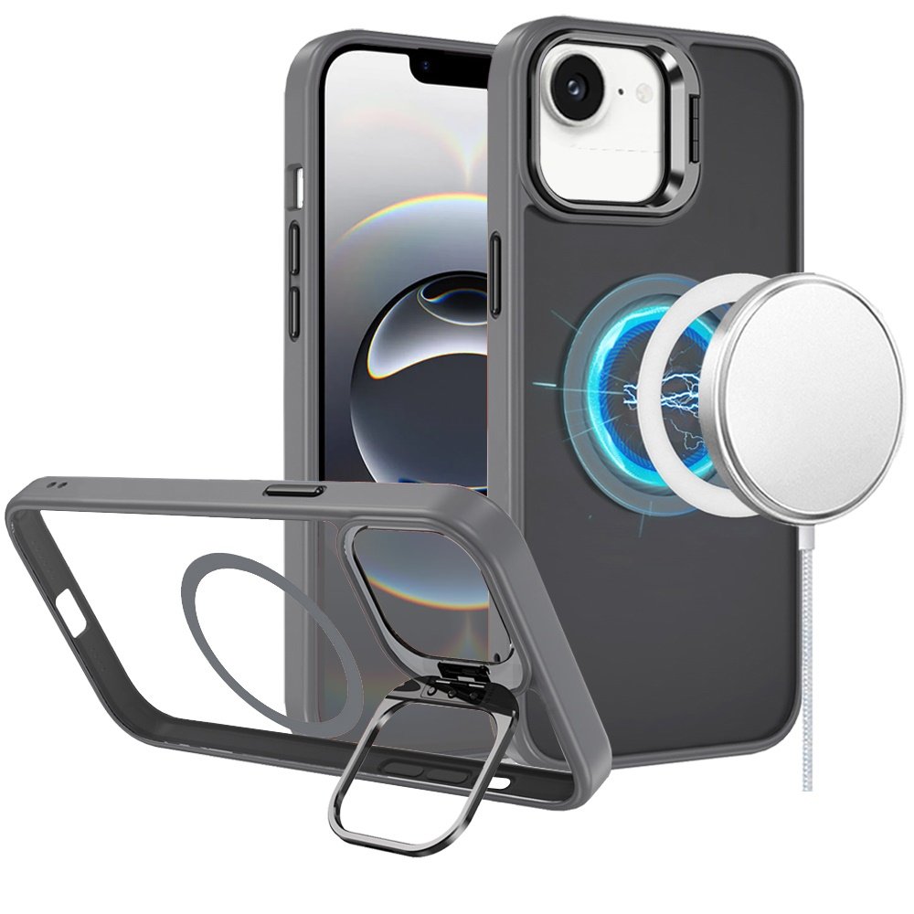 for iphone 17e / 16e / se4 fearless tough hq metallic hybrid with camera ring stand [magnetic circle] case gray