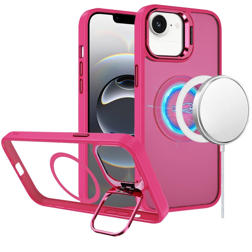 for iphone 17e / 16e / se4 fearless tough hq metallic hybrid with camera ring stand [magnetic circle] case hot pink