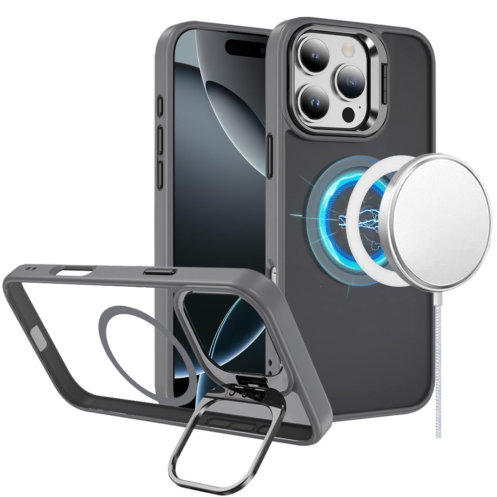 for iphone 16 pro 6.3 inch fearless tough hq metallic hybrid with camera ring stand [magnetic circle] case gray