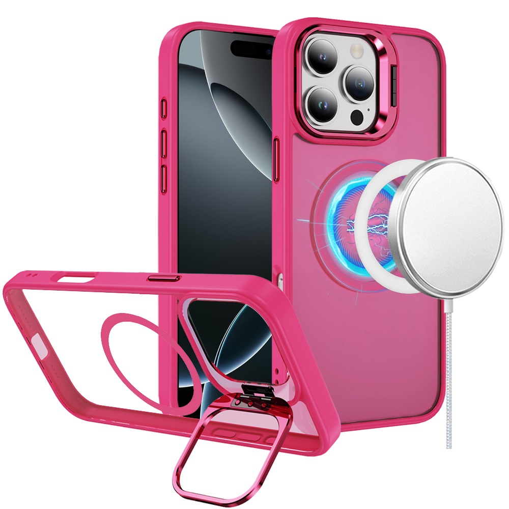 for iphone 16 pro 6.3 inch fearless tough hq metallic hybrid with camera ring stand [magnetic circle] case hot pink