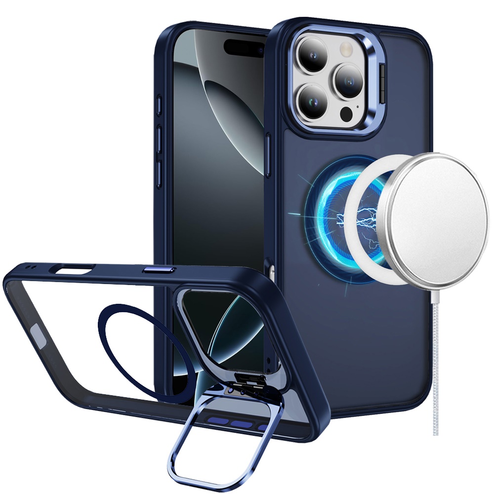 for iphone 16 pro 6.3 inch fearless tough hq metallic hybrid with camera ring stand [magnetic circle] case navy blue