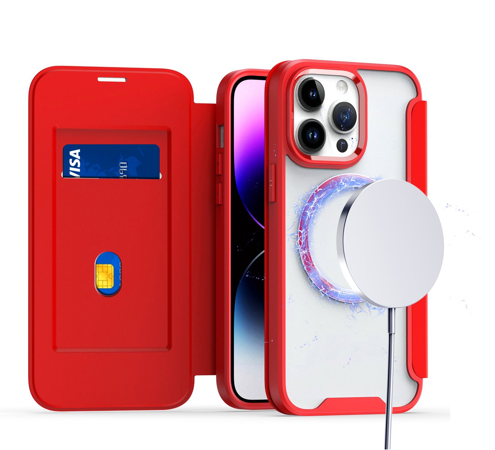 for ip15 pro max flap magnetic ring transparent hybrid red