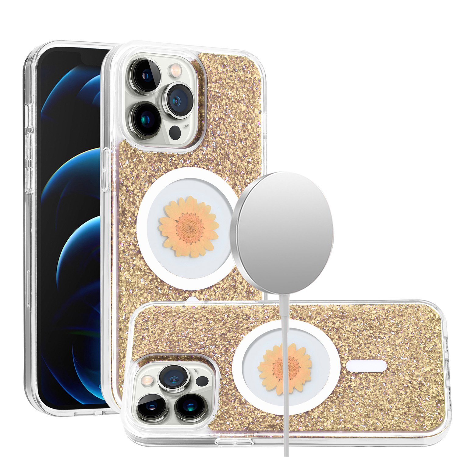 for ip15 pro max magnetic ring circle real flower epoxy glitter hybrid case cover gold