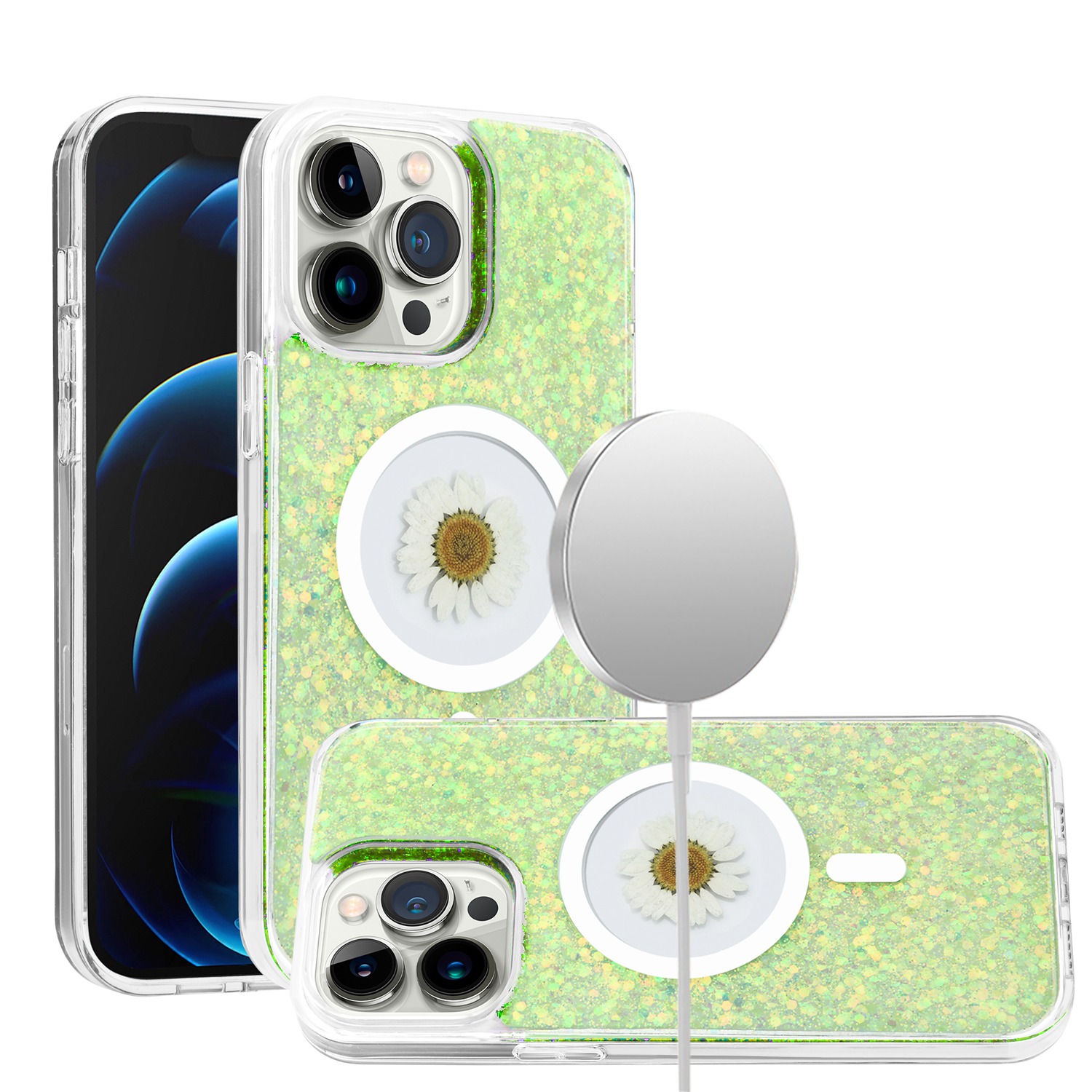 for iphone 15 pro magnetic ring circle real flower epoxy glitter hybrid case cover green