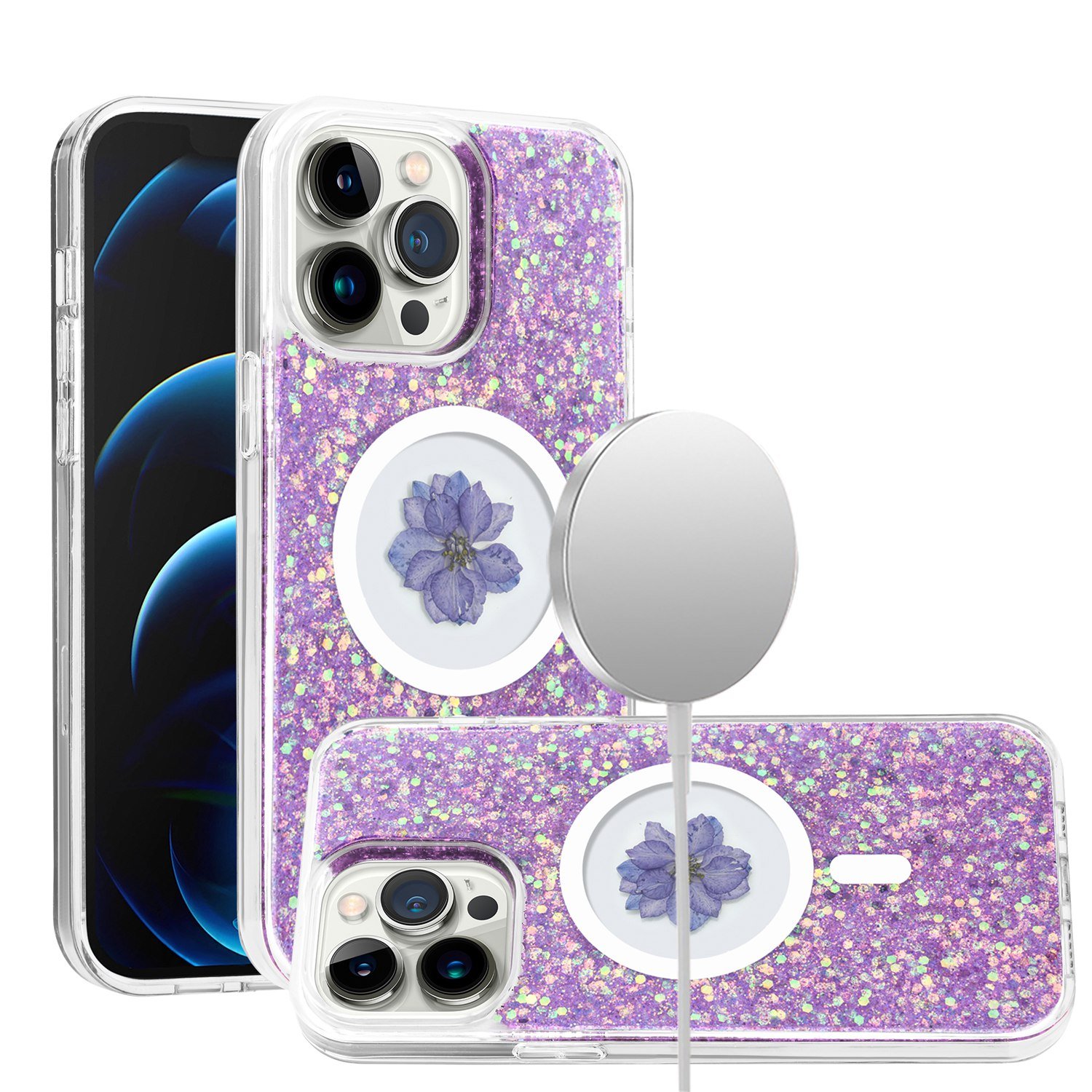 for ip15 pro max magnetic ring circle real flower epoxy glitter hybrid case cover light purple