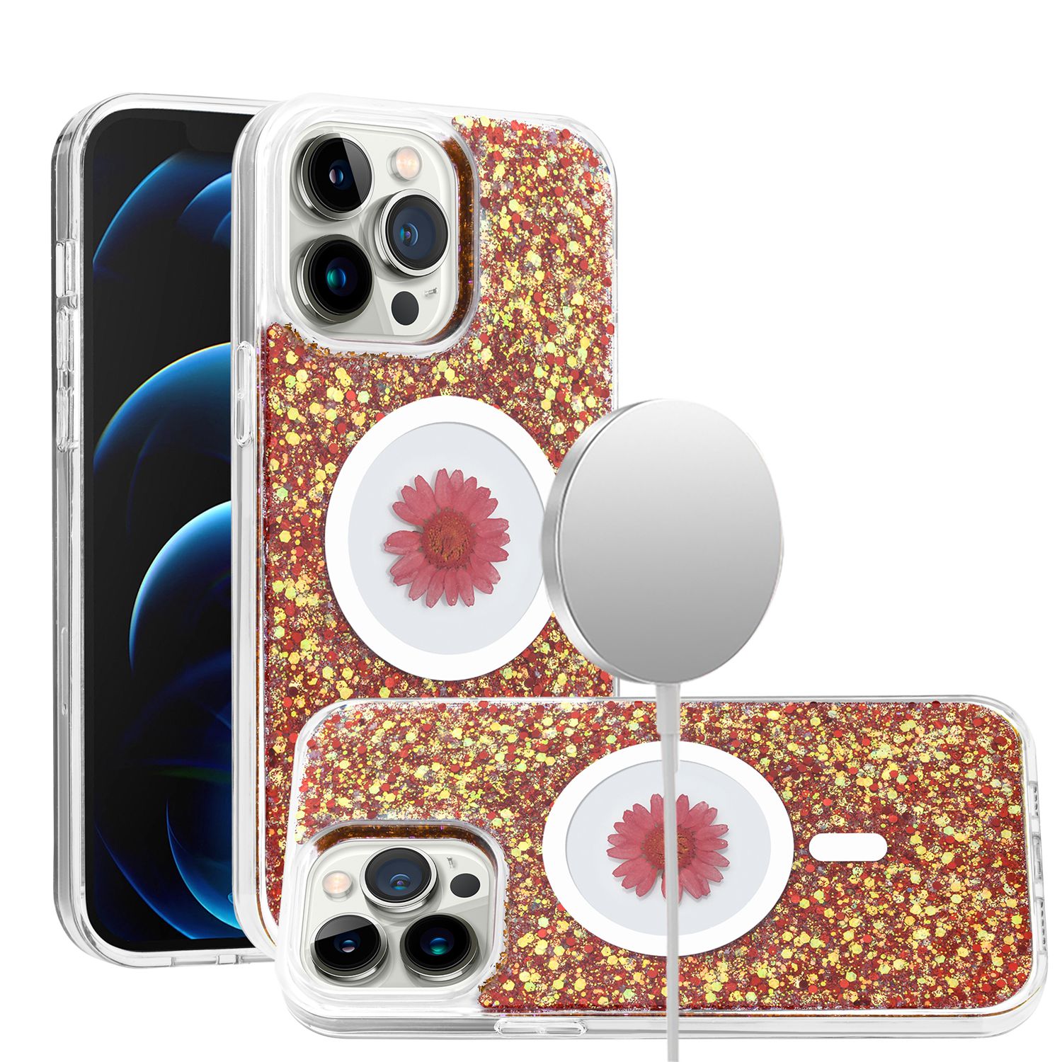 for iphone 15 pro magnetic ring circle real flower epoxy glitter hybrid case cover red
