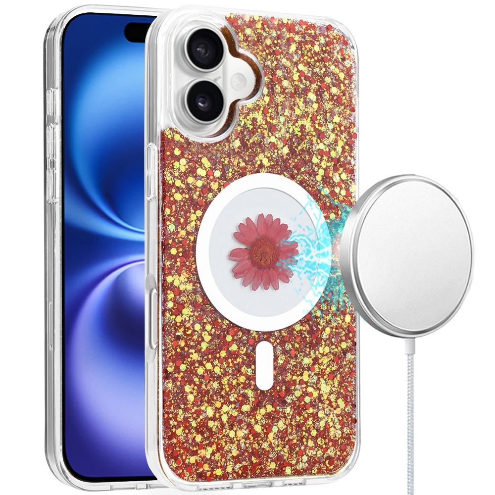 for iphone 16 plus 6.7 inch magnetic ring circle real flower epoxy glitter hybrid case cover red
