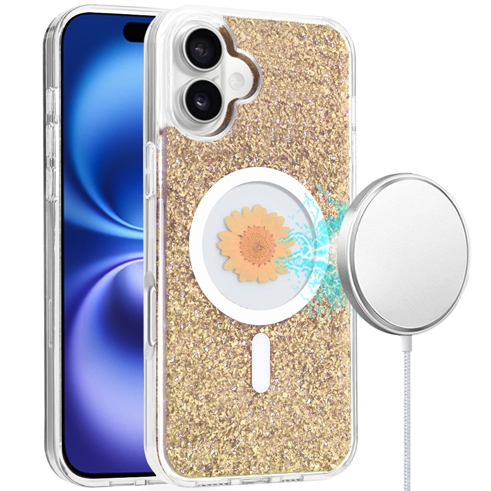 for iphone 16 6.1 inch magnetic ring circle real flower epoxy glitter hybrid case cover gold