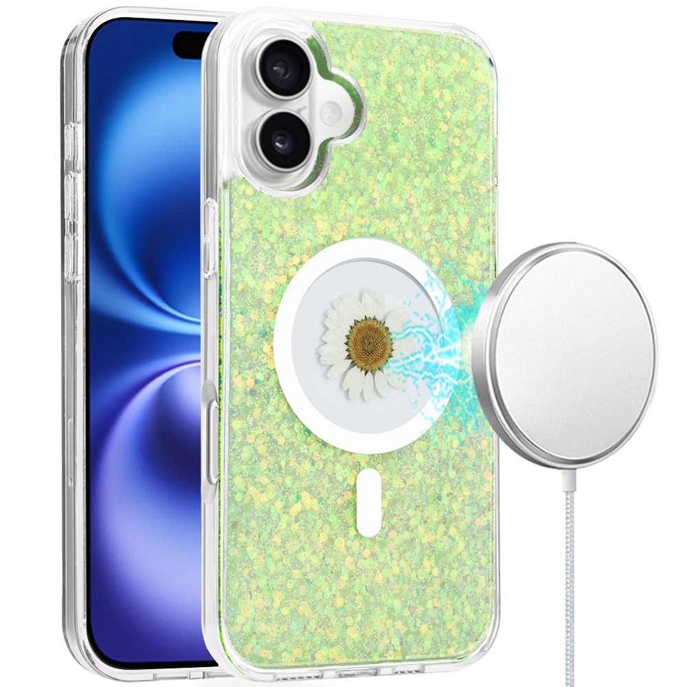 for iphone 16 6.1 inch magnetic ring circle real flower epoxy glitter hybrid case cover green