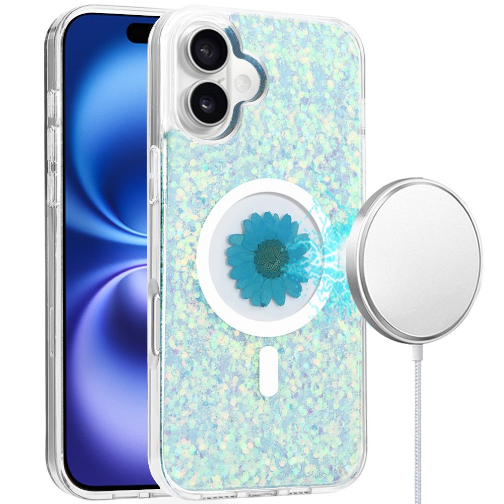 for iphone 16 6.1 inch magnetic ring circle real flower epoxy glitter hybrid case cover light blue