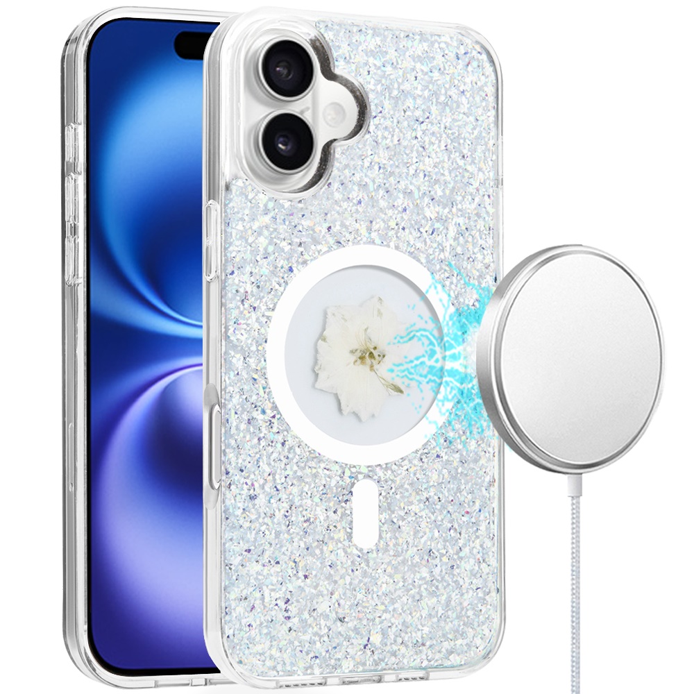 for iphone 16 6.1 inch magnetic ring circle real flower epoxy glitter hybrid case cover silver