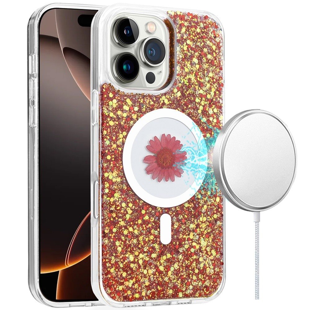 for iphone 16 pro 6.3 inch magnetic ring circle real flower epoxy glitter hybrid case cover red