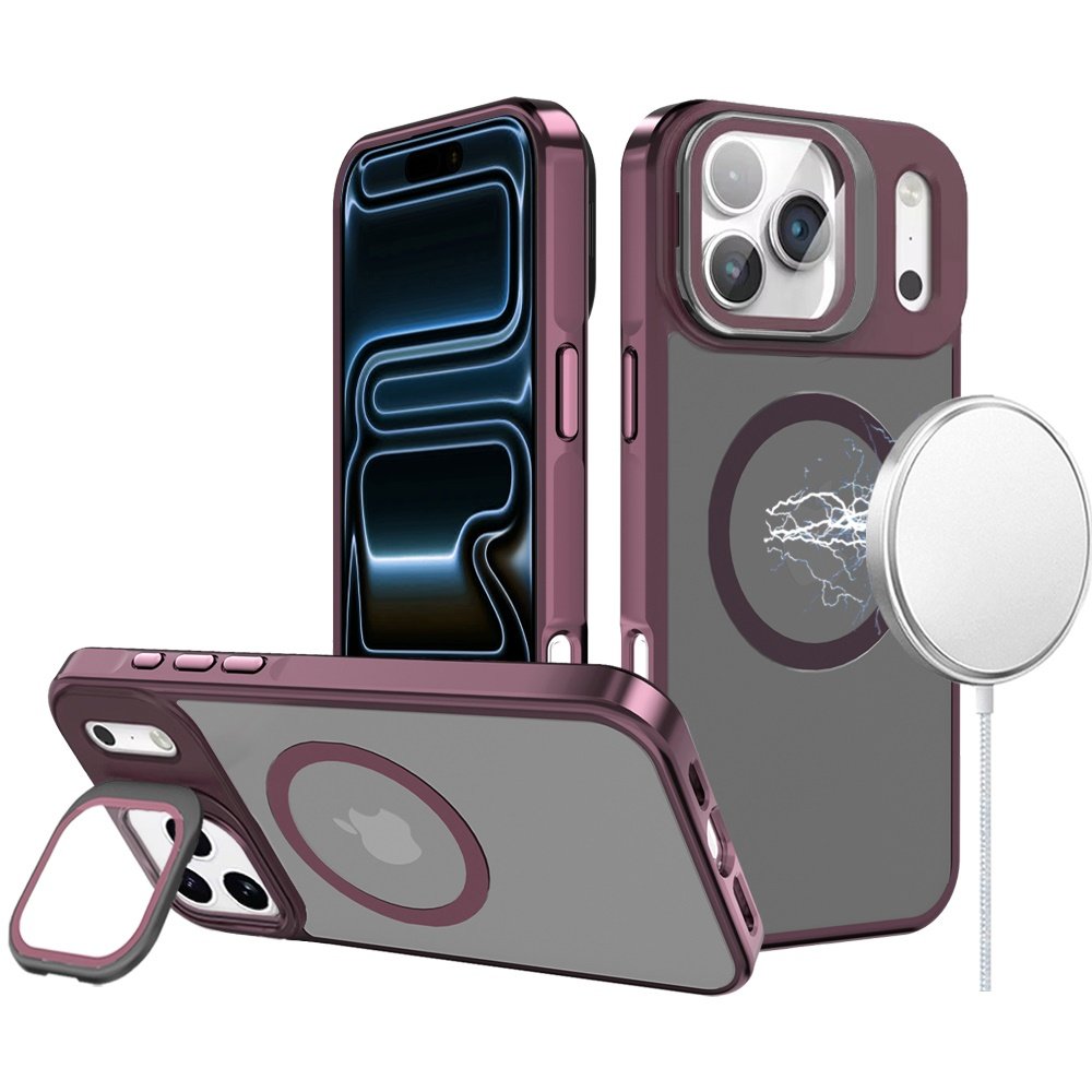 for iphone 17 pro max frame aluminium camera stand metallic buttons [magnetic circle] tough hq hybrid case burgundy