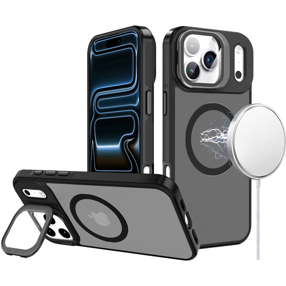 for iphone 17 pro frame aluminium camera stand metallic buttons [magnetic circle] tough hq hybrid case black