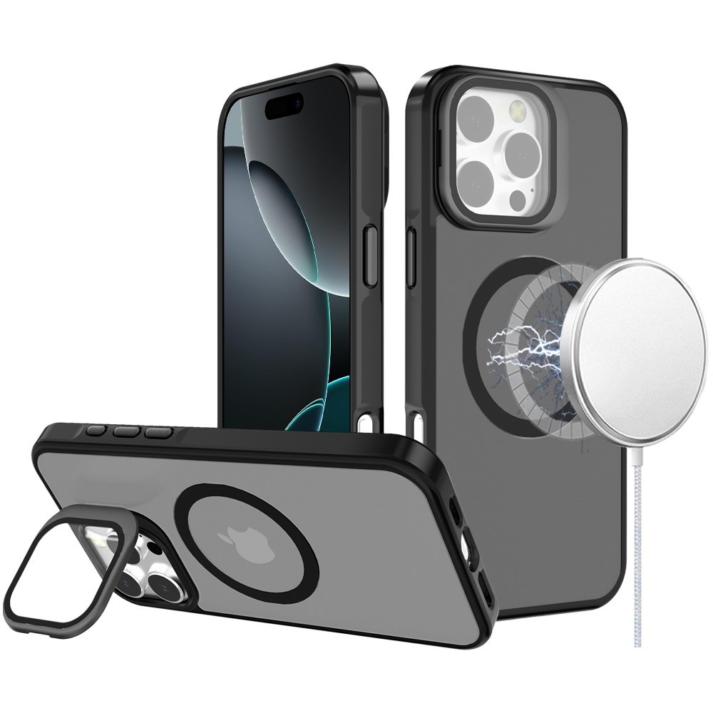 for iphone 16 pro max 6.9 inch frame aluminium camera stand metallic buttons [magnetic circle] tough hq hybrid case black