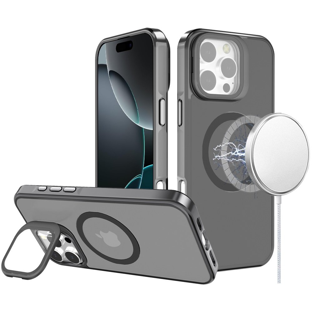 for iphone 16 pro max 6.9 inch frame aluminium camera stand metallic buttons [magnetic circle] tough hq hybrid case gray