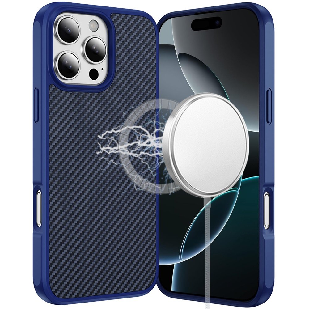 for iphone 16 pro max 6.9 carbonfiber design magnetic ring hq thick 2.0mm hybrid case navy blue