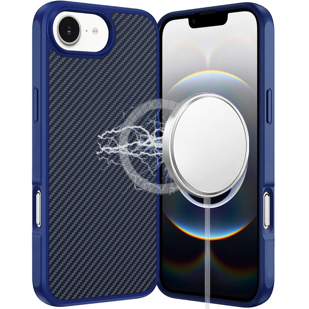for iphone 17e / 16e / se4 carbonfiber design magnetic ring hq thick 2.0mm hybrid case navy blue