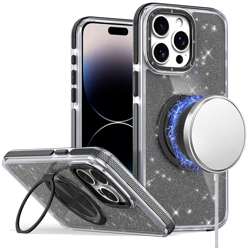 for iphone 14 pro max 6.7" glitz hq shimmer glitter [magnetic ring circle] with 360 degree rotational ring kickstand tough hybrid case black