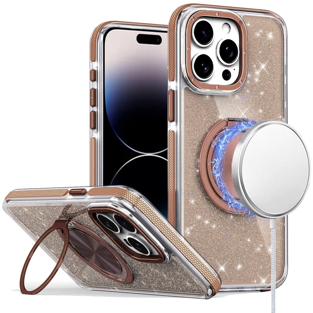for iphone 14 pro max 6.7" glitz hq shimmer glitter [magnetic ring circle] with 360 degree rotational ring kickstand tough hybrid case gold