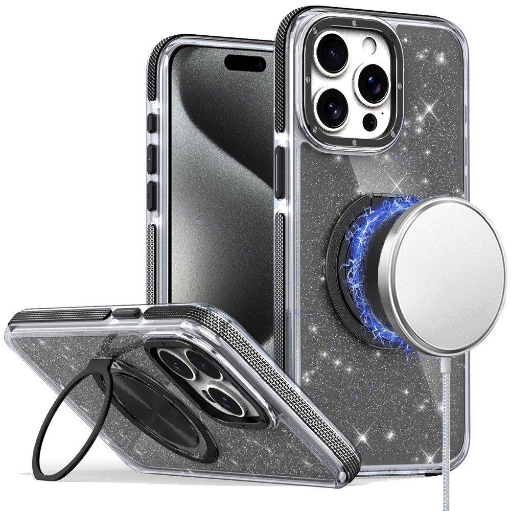 for ip15 pro max glitz hq shimmer glitter [magnetic ring circle] with 360 degree rotational ring kickstand tough hybrid case black