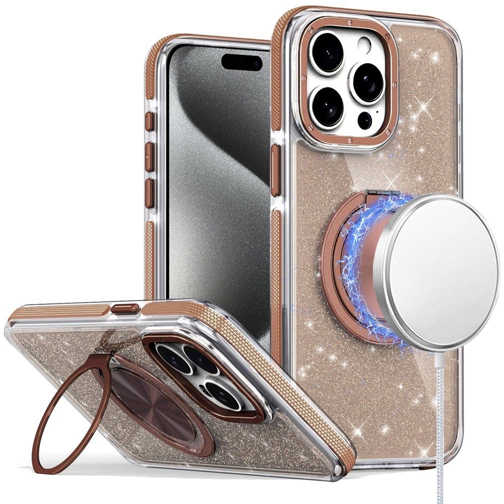 for ip15 pro max glitz hq shimmer glitter [magnetic ring circle] with 360 degree rotational ring kickstand tough hybrid case gold