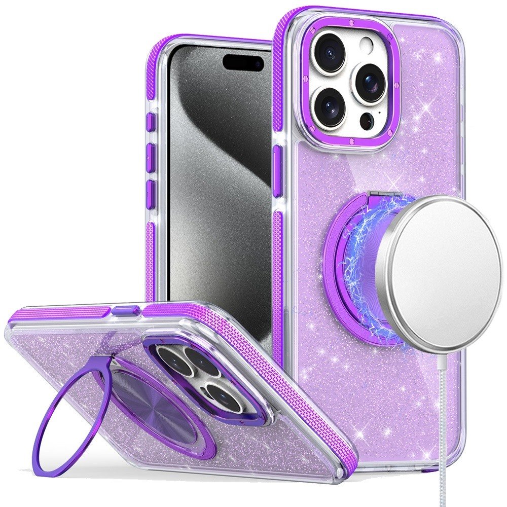 for ip15 pro max glitz hq shimmer glitter [magnetic ring circle] with 360 degree rotational ring kickstand tough hybrid case purple
