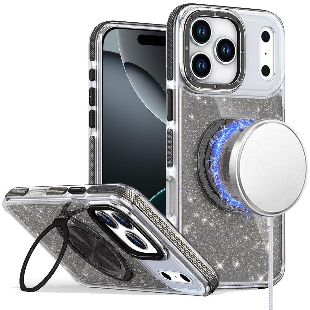 for iphone 17 pro max glitz hq shimmer glitter [magnetic ring circle] with 360 degree rotational ring kickstand tough hybrid case black