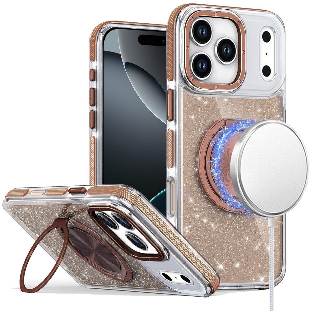 for iphone 17 pro max glitz hq shimmer glitter [magnetic ring circle] with 360 degree rotational ring kickstand tough hybrid case gold