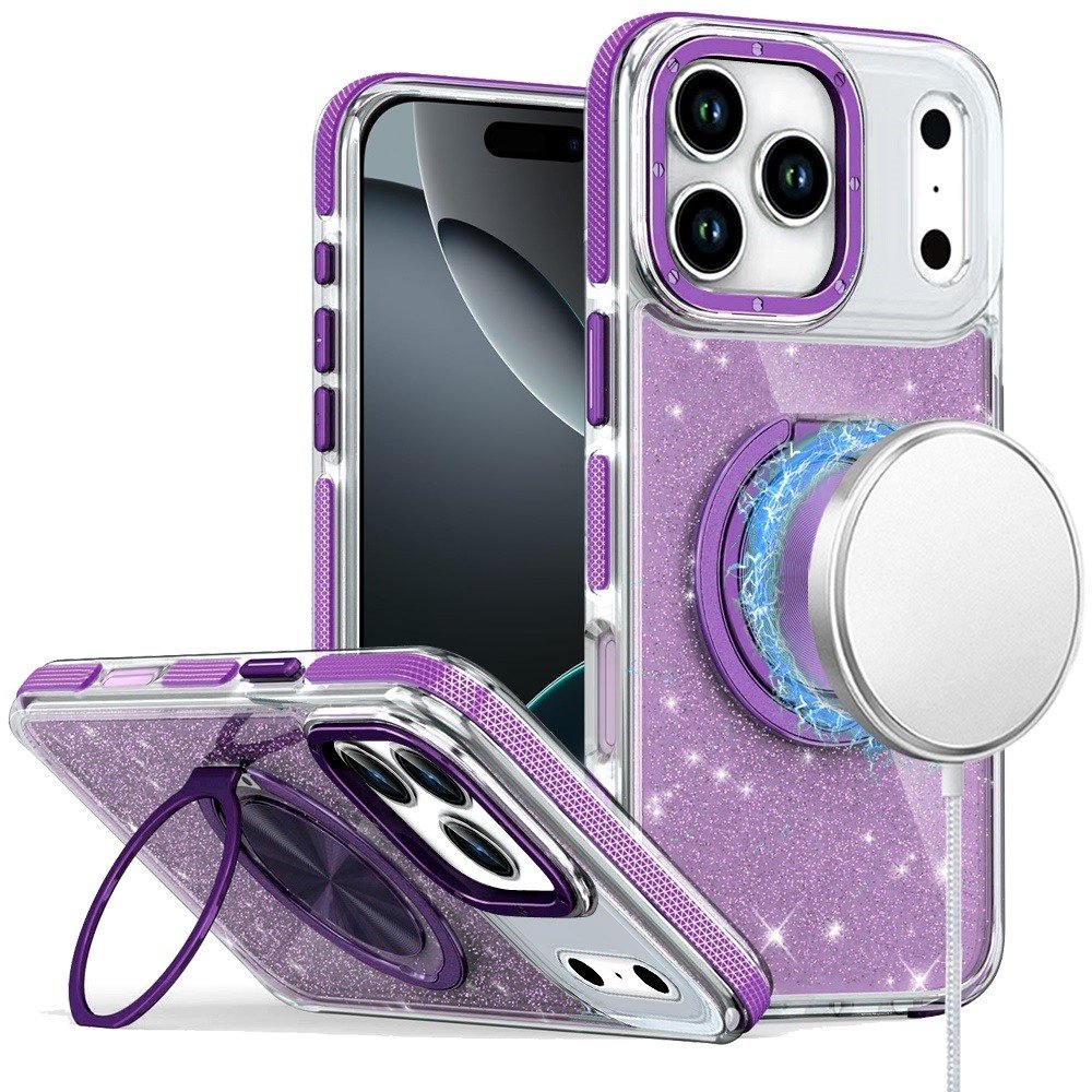 for iphone 17 pro max glitz hq shimmer glitter [magnetic ring circle] with 360 degree rotational ring kickstand tough hybrid case purple