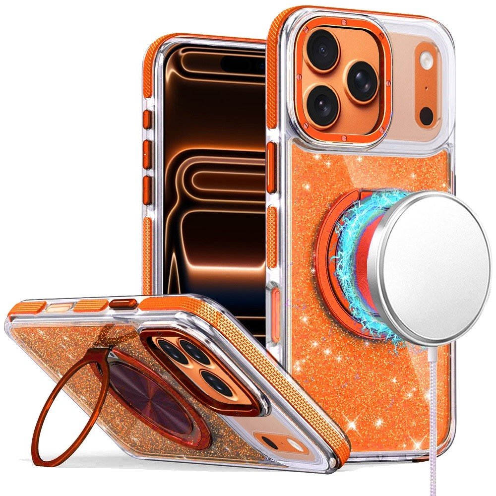 for iphone 17 pro glitz hq shimmer glitter [magnetic ring circle] with 360 degree rotational ring kickstand tough hybrid case cosmic orange