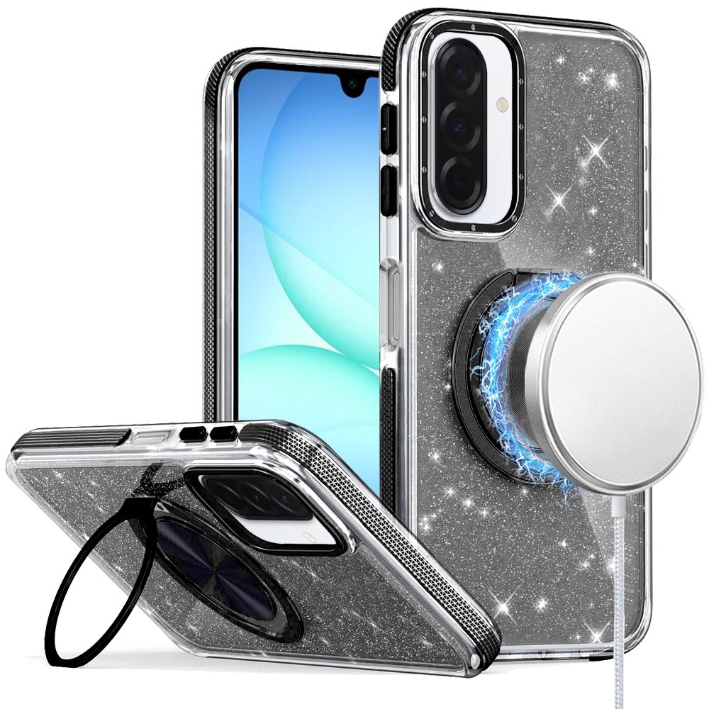 for samsung a17 5g glitz hq shimmer glitter [magnetic ring circle] with 360 degree rotational ring kickstand tough hybrid case black