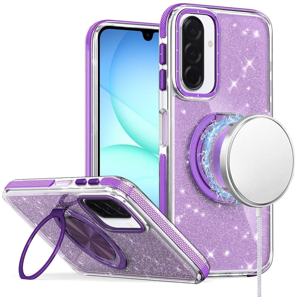 for samsung a17 5g glitz hq shimmer glitter [magnetic ring circle] with 360 degree rotational ring kickstand tough hybrid case purple