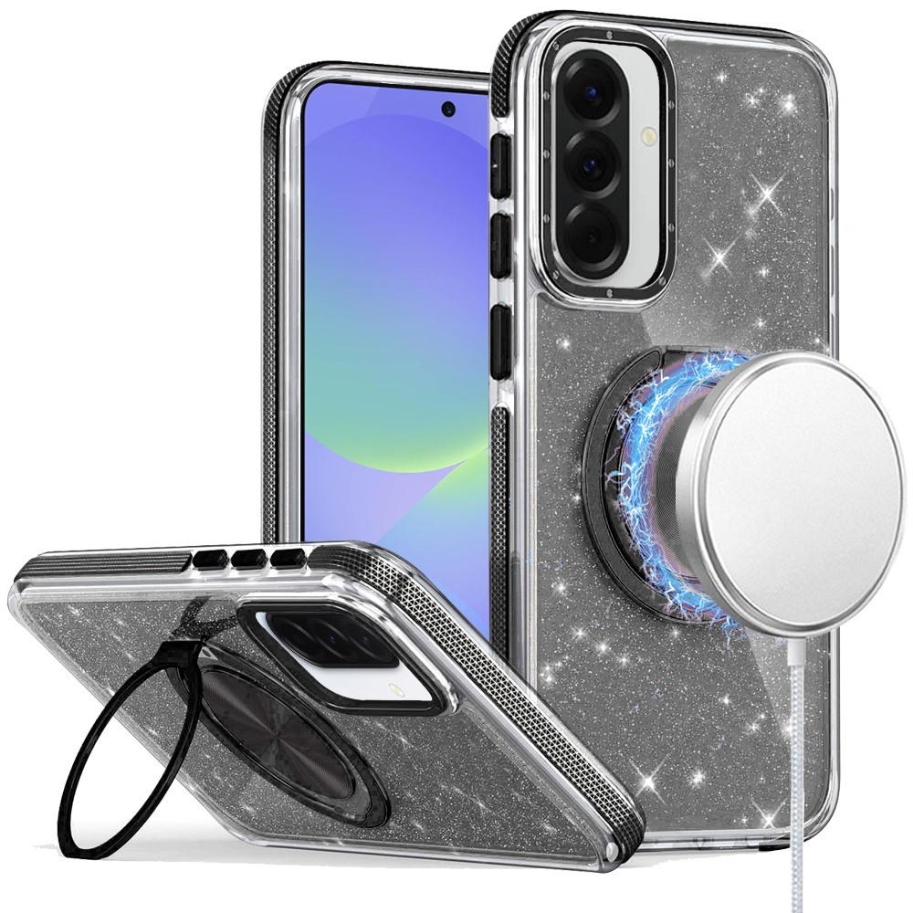 for samsung galaxy a37 glitz hq shimmer glitter [magnetic ring circle] with 360 degree rotational ring kickstand tough hybrid case black