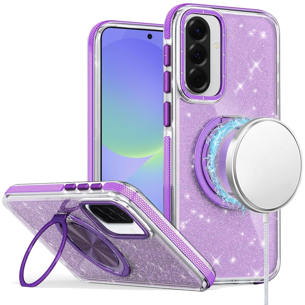 for samsung galaxy a37 glitz hq shimmer glitter [magnetic ring circle] with 360 degree rotational ring kickstand tough hybrid case purple