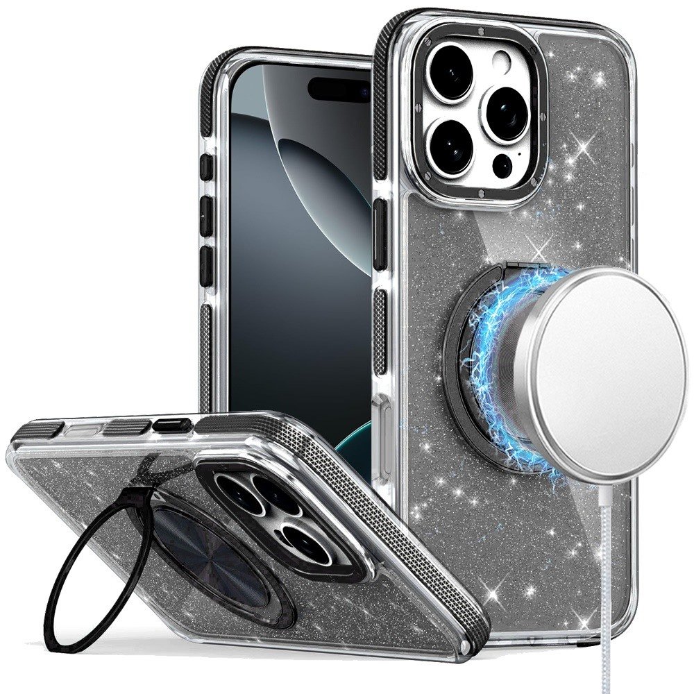 for iphone 16 pro max 6.9 inch glitz hq shimmer glitter [magnetic ring circle] with 360 degree rotational ring kickstand tough hybrid case black