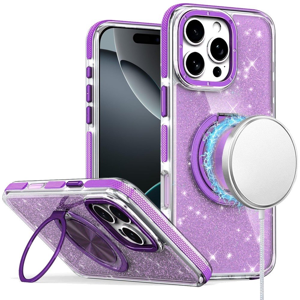 for iphone 16 pro max 6.9 inch glitz hq shimmer glitter [magnetic ring circle] with 360 degree rotational ring kickstand tough hybrid case purple