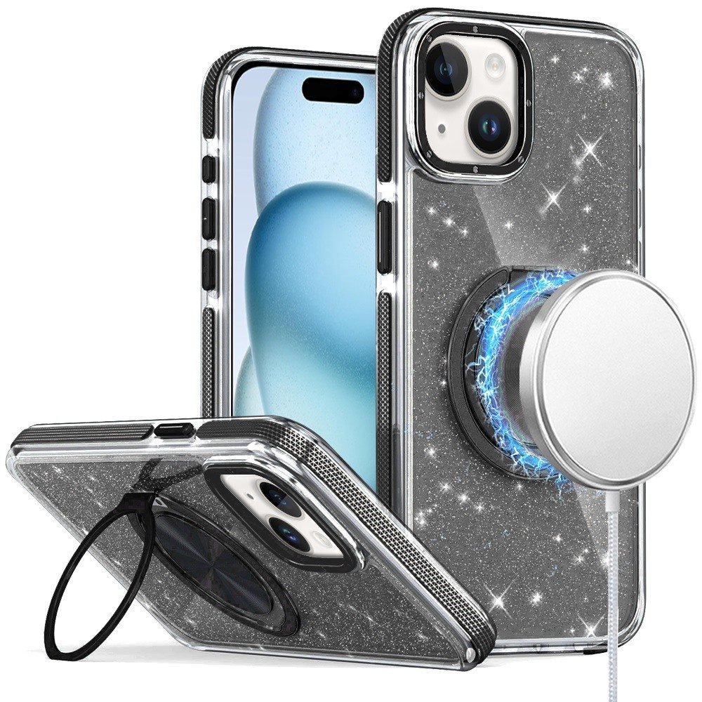 for iphone 15 glitz hq shimmer glitter [magnetic ring circle] with 360 degree rotational ring kickstand tough hybrid case black