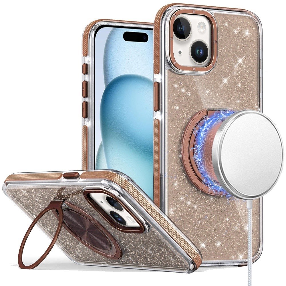for iphone 15 glitz hq shimmer glitter [magnetic ring circle] with 360 degree rotational ring kickstand tough hybrid case gold