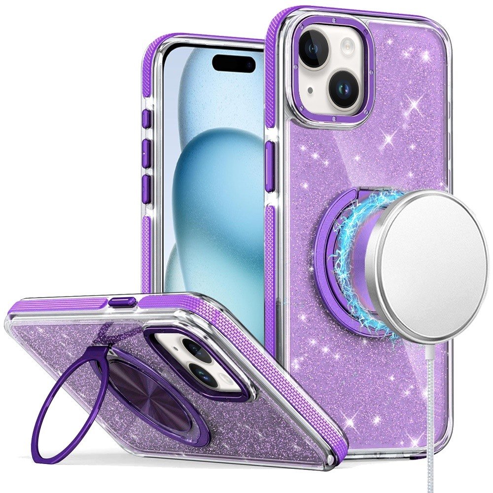 for iphone 15 glitz hq shimmer glitter [magnetic ring circle] with 360 degree rotational ring kickstand tough hybrid case purple