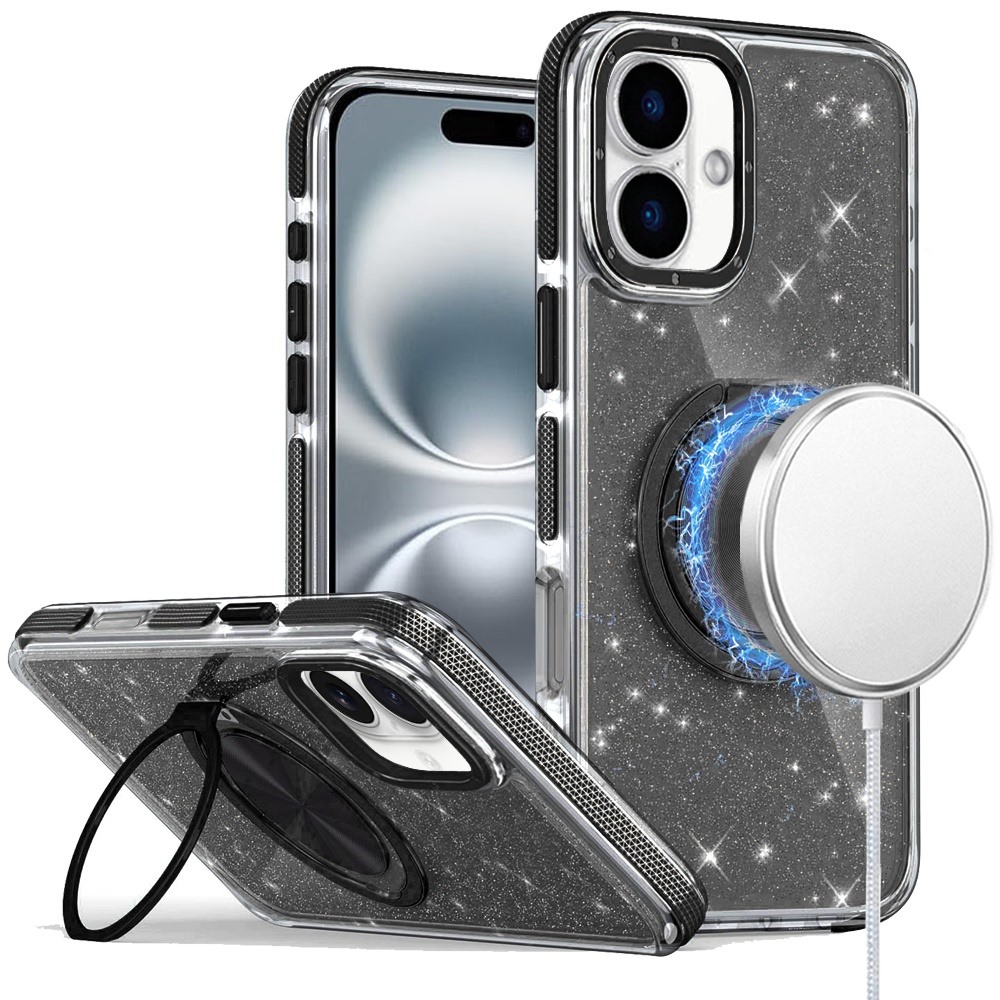 for iphone 16 6.1 inch glitz hq shimmer glitter [magnetic ring circle] with 360 degree rotational ring kickstand tough hybrid case black