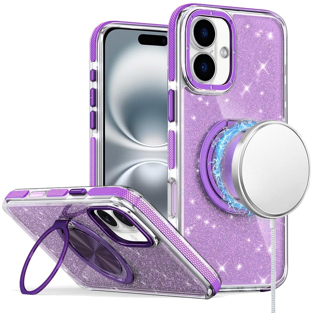 for iphone 16 6.1 inch glitz hq shimmer glitter [magnetic ring circle] with 360 degree rotational ring kickstand tough hybrid case purple